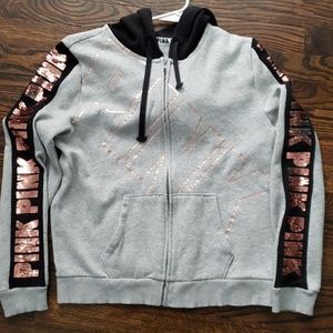 VS PINK L zip up, rose gold sequins, gray hoodie